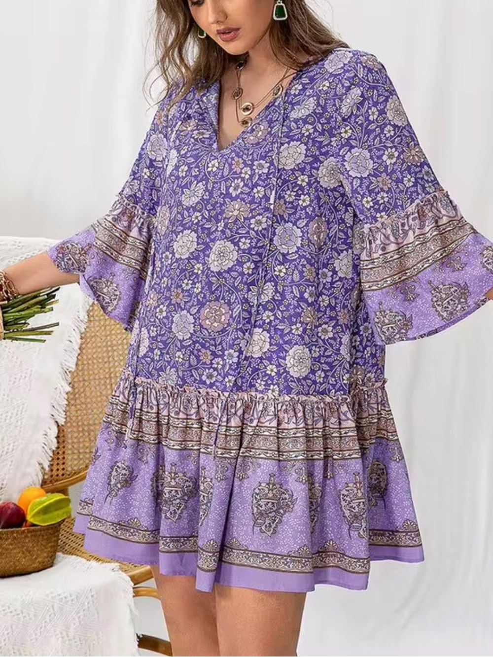 RusttyDustty Lavender Purple Floral V-Neck Bell Sleeve Tunic Dress Size 2X